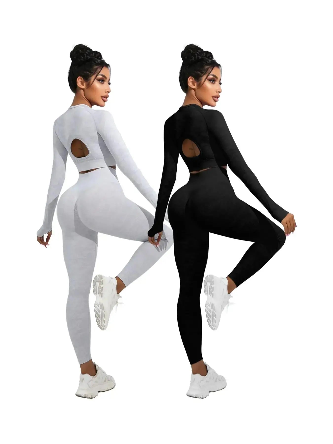 Women'S Long Sleeve Cut Out Crop Top & Slim-Fitting Hip Lifting High Waist Leggings Set for Spring, Comfort Athletic Gymwear, round Neck Cropped Top & Ruched Leggings Outfits Active Set, Minimalist Basic Womenswear, Comfy Ladies Outfits