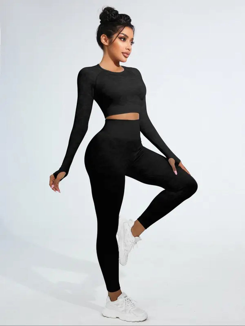 Women'S Long Sleeve Cut Out Crop Top & Slim-Fitting Hip Lifting High Waist Leggings Set for Spring, Comfort Athletic Gymwear, round Neck Cropped Top & Ruched Leggings Outfits Active Set, Minimalist Basic Womenswear, Comfy Ladies Outfits