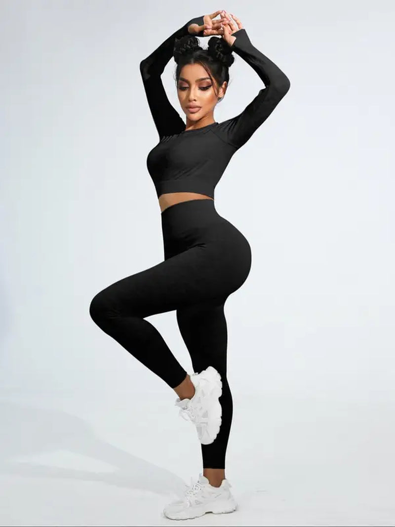 Women'S Long Sleeve Cut Out Crop Top & Slim-Fitting Hip Lifting High Waist Leggings Set for Spring, Comfort Athletic Gymwear, round Neck Cropped Top & Ruched Leggings Outfits Active Set, Minimalist Basic Womenswear, Comfy Ladies Outfits